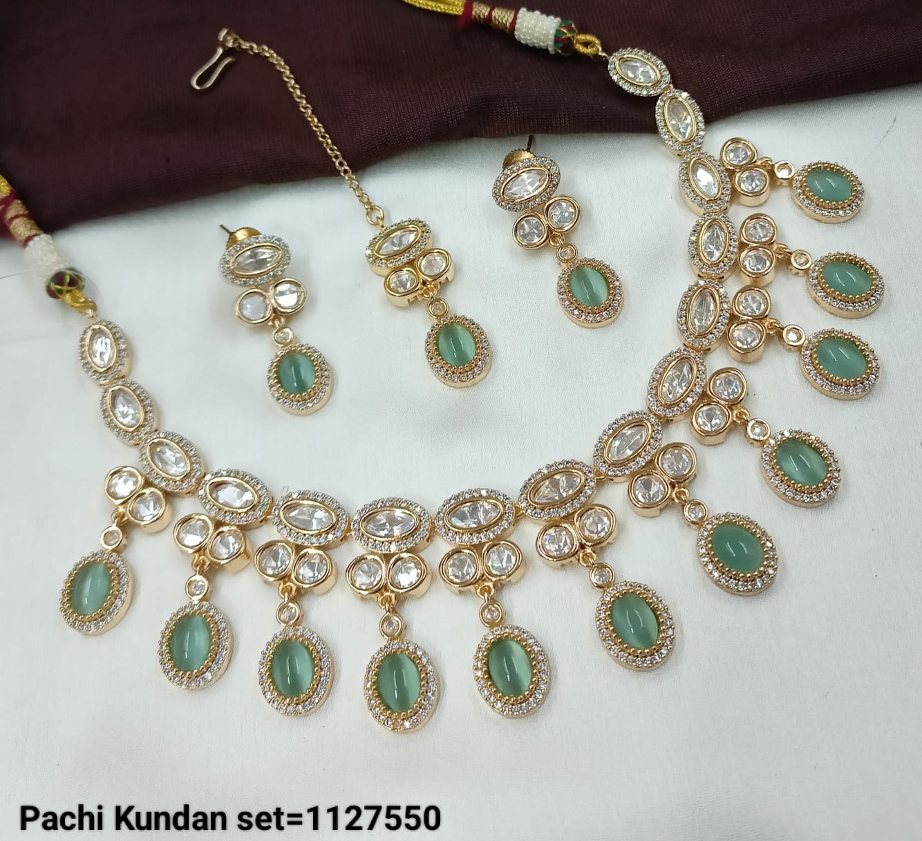 Elegant Pachi Kundan Necklace Set with Oval Stone Drops – Traditional Jewelry Set for Women